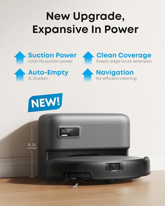eufy C10 Robot Vacuum Self Emptying, 8 Weeks Hands Free, Advanced Smart Mapping with LiDAR Navigation, 2.85-Inch Slim Design, Powerful Suction, Edge Expansion Brush for Pet Hair-Ruum Studio Home