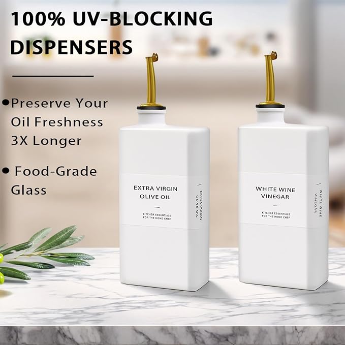 Olive Oil Dispenser Bottle for Kitchen, 16.9oz Soy Sauce Dispenser, UV Protected Oil&Vinegar Cruet Set, Soy Sauce Dispenser (White, Set of 2)-Ruum Studio Home