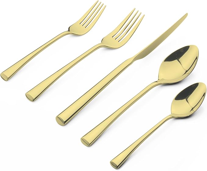 Alata Bailey Champagne Gold 20-Piece Forged Stainless Steel Flatware Set Cutlery Set, Service for 4, Silver Finish, Dishwasher Safe-Ruum Studio Home