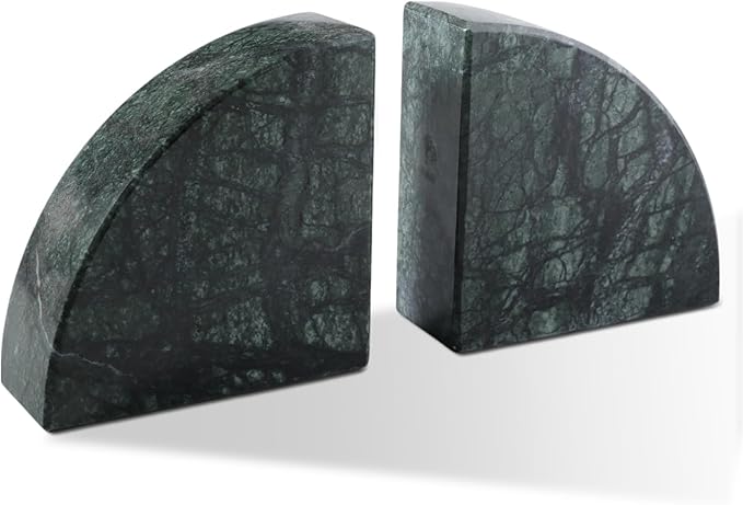 Marble Bookend for Shelves, Non-Skid Bookends for Heavy Books, Heavy Duty Book Stopper for CDs, Luxury Book Shelf Holder, Quarter Circle Design Book Ends Decorative, Indian Green, Set of 2-Ruum Studio Home