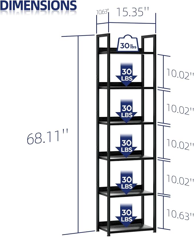 NUMENN Narrow Bookshelf, 6 Tier Bookshelves, Home Office Bookcase Shelf Storage Organizer, Free Standing Storage Shelving Unit for Bedroom, Living Room and Home Office, Black-Ruum Studio Home