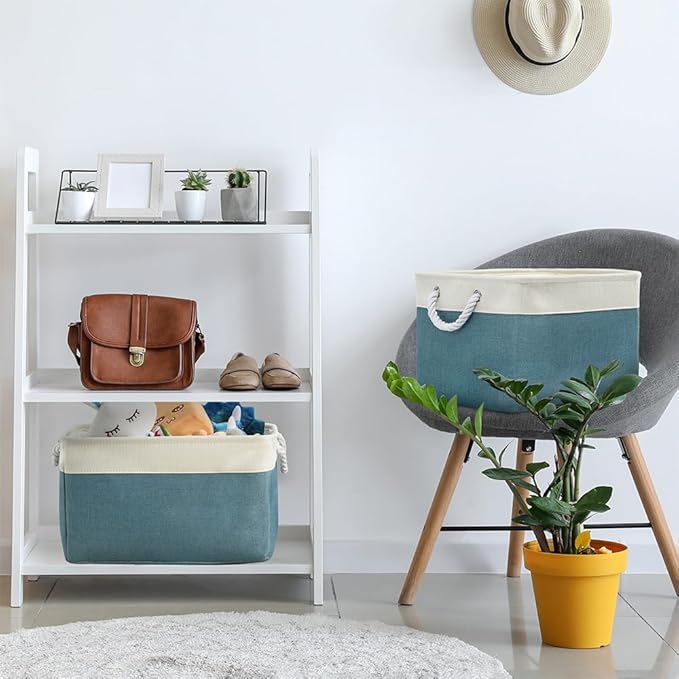 Storage Basket for Organizing - 17X15X12 inch 2 Pack Canvas Storage Bin for Shelves, Fabric Storage Cubes for Cloth Decorative Books Nursery (White & Green)-Ruum Studio Home