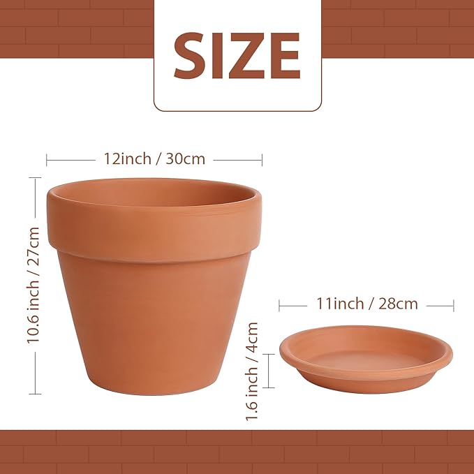 INGOFIN 12 Inch Terracotta Pot with Saucer - Ceramic Clay Pot for Plants with Drainage Hole, Large Terra Cotta Flower Planter with Tray for Indoor Outdoor Plants-Ruum Studio Home