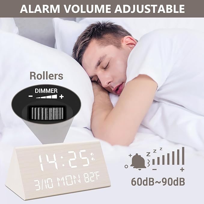 Kogonee Wooden Digital Alarm Clock, 0-100% Dimmer, 2 Alarm Settings, Weekday/Everyday Mode, 9 Mins Snooze, 12/24H, Temperature and Date Display for Office, Travel, Bedroom Alarm Clock (White)-Ruum Studio Home