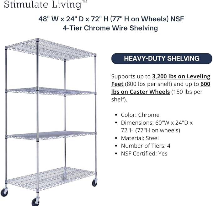 48"x24"x72" Prime Heavy Duty Chrome 4-Tier Wire Shelving NSF 3200 LBS MAX Capacity Storage Rack for Commercial, Hospital, School, Garage, and Kitchen Uses (with Wheels)-Ruum Studio Home