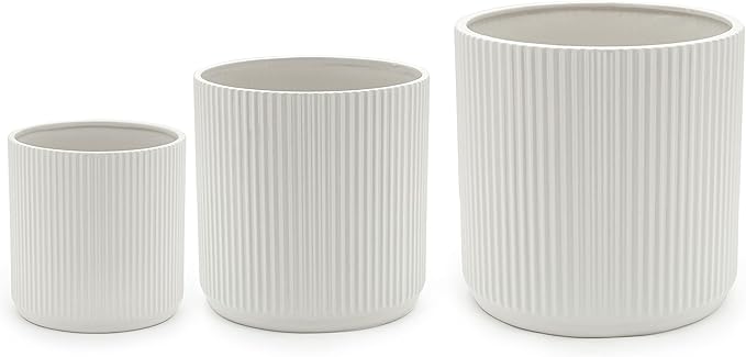Amazon Basics Assorted Sizes Fluted Ceramic Round Indoor Outdoor Planters with Drainage, Set of 3, Modern Design, 6 inch, 8 inch, 10 inch, White-Ruum Studio Home