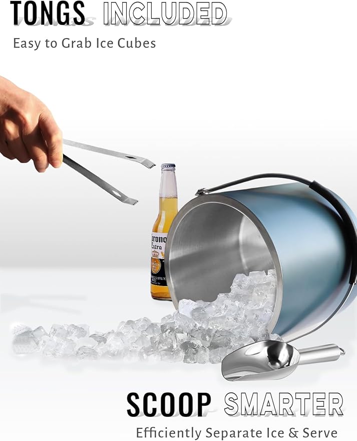 4L Ice Bucket with Silicone Lid, Scoop, Tongs & Strainer, Stainless Steel Double Wall Insulated Ice Buckets for Parties & Cocktail Bar, Outdoor Champagne Ice Container Bin, Navy-Ruum Studio Home