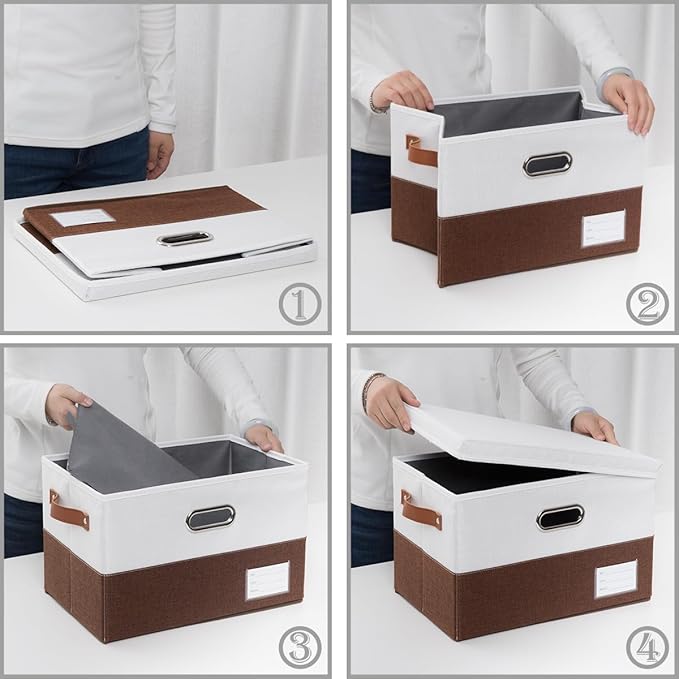 PRANDOM Foldable Storage Bins with Lids [3-Pack] Fabric Collapsible Storage Boxes Baskets Cubes Containers with Handles for Closet Living Room Bedroom (Brown & White 14.9x9.8x9.8'')-Ruum Studio Home