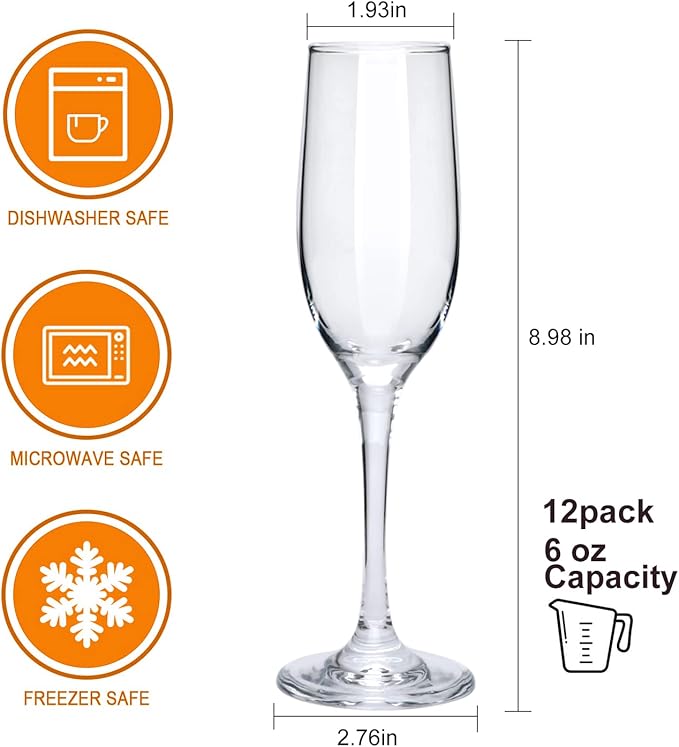 6 oz Champagne Flutes Glass, Wine Flutes Set of 12, for Champagne, Wine, High-End Banquets, Parties, Bars, Weddings, Gifts (12pcs)-Ruum Studio Home