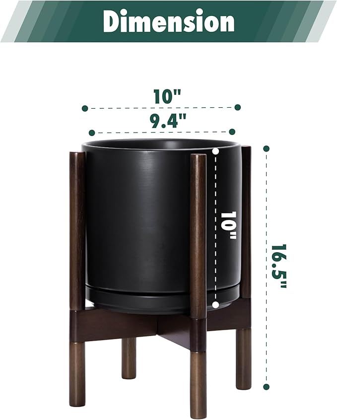 D'vine Dev Ceramic Planter with Walnut Color Stand - 10 Inch Modern Round Flower Pot with Wood Planter Holder, Black, 55-B-X-2-Ruum Studio Home
