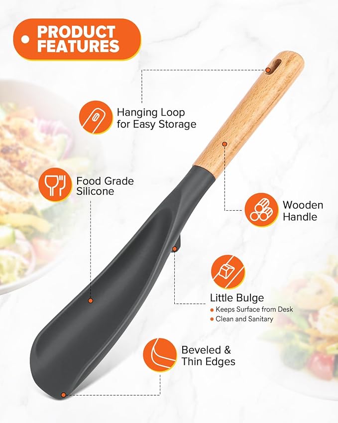 Cooking Spoon and Scraper for Nonstick Cookwares, Great for Cooking and Serving Durable BPA-Free Matte Silicone, Wood Handle Multifunction Spoon for Mixing, Scoop, and Scrape (GREY)-Ruum Studio Home