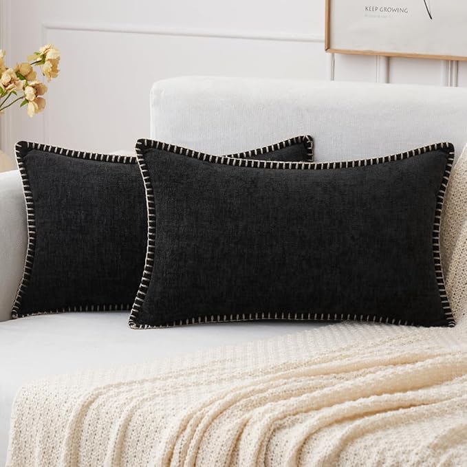 MIULEE Pack of 2 Couch Throw Pillow Covers 12x20 Inch Black Farmhouse Decorative Pillow Covers with Stitched Edge Soft Chenille Solid Dyed Spring Pillow Covers for Sofa Bed Living Room-Ruum Studio Home