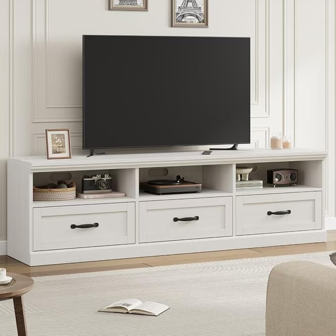 IDEALHOUSE 70in TV Stand for TVs up to 80", Mid Century Modern Entertainment Center with Storage Drawer and Open Shelves, TV Console Media Cabinet for Living Room, Bedroom, Antique White-Ruum Studio Home