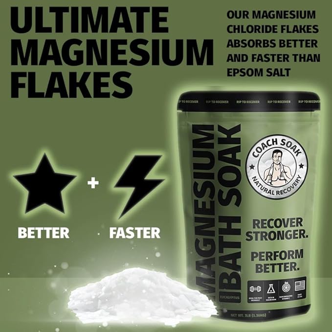 Coach Soak: Recovery Bath Soak – Rejuvenating Post Workout Natural Magnesium Flakes - 21 Minerals, Essential Oils & Dead Sea Bath Salts - Absorbs Faster Than Epsom Salts, 3lbs (Eucalyptus Tea Tree)-Ruum Studio Home