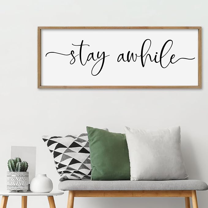 SRSZHIYUE Stay Awhile Sign Wall Decor Art 32"×12" Home Entryway Hallway Signs Large Wood Framed Wall Hanging (Wood)-Ruum Studio Home