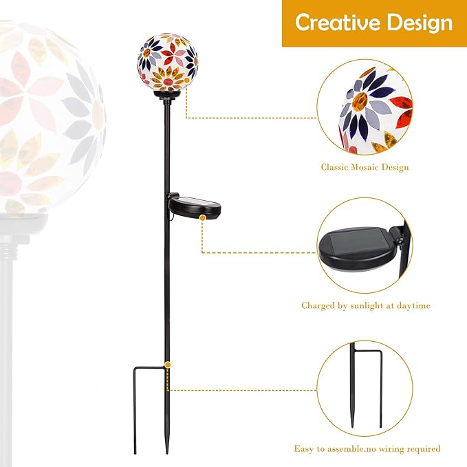 Afirst Solar Lights Outdoor Decorative - Solar Gazing Ball Mosaic Garden Stakes Flower Decorative Lights Waterproof for Pathway Yard Lawn Decoration Orange-Ruum Studio Home