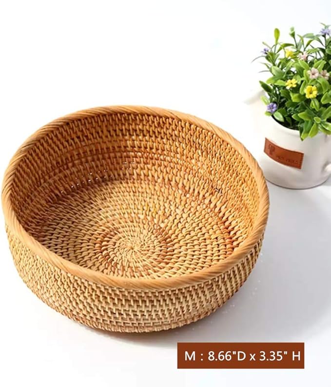 Hadewoven Round Rattan Fruit Basket Wicker Food Tray Weaving Storage Holder Dinning Room Bowl, 9 Inch Woven Bread Basket Key Bowls with 3.5”Wall for Table, Countertop (Medium 8.66")-Ruum Studio Home