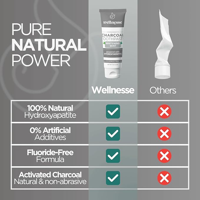 Wellnesse Activated Charcoal Whitening Toothpaste with Xylitol, Fluoride-Free Hydroxyapatite Black Charcoal Toothpaste for Adult Fresh Breath, Natural Teeth Whitening, Mint Flavor, 4 oz (Pack of 1)-Ruum Studio Home