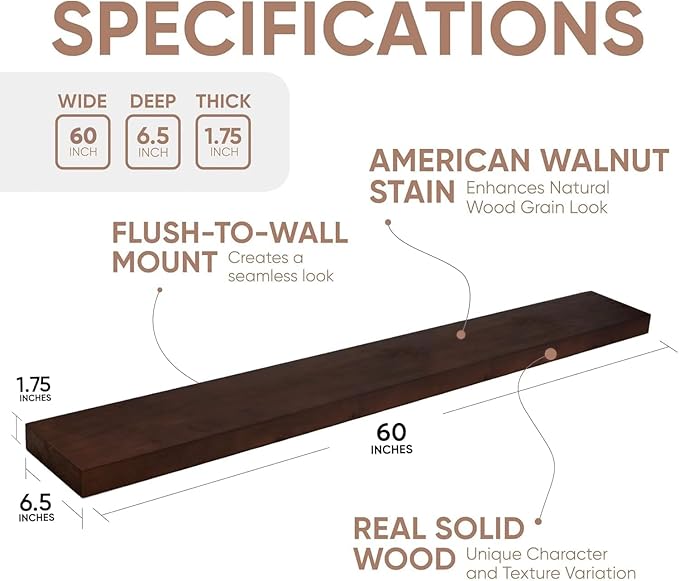 Homeforia Walnut 60 inch Floating Shelf, High End Solid Real Wood 60inch Long Floating Shelf for Wall, Dark Brown Wooden 60in Large Floating Shelves, Heavy Duty Bracket, 60 X 6.5 X 1.75 inch, Set of 2-Ruum Studio Home