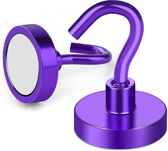 MIKEDE Magnetic Hooks, 40Lbs+ Heavy Duty Magnet Hooks for Cruise Cabins, Super Neodymium Hanging Hooks Strong Magnets with Hook for Fridge, Magnetic Hanger for Grill, Toolbox, Storage(Purple, 10 Pack)-Ruum Studio Home