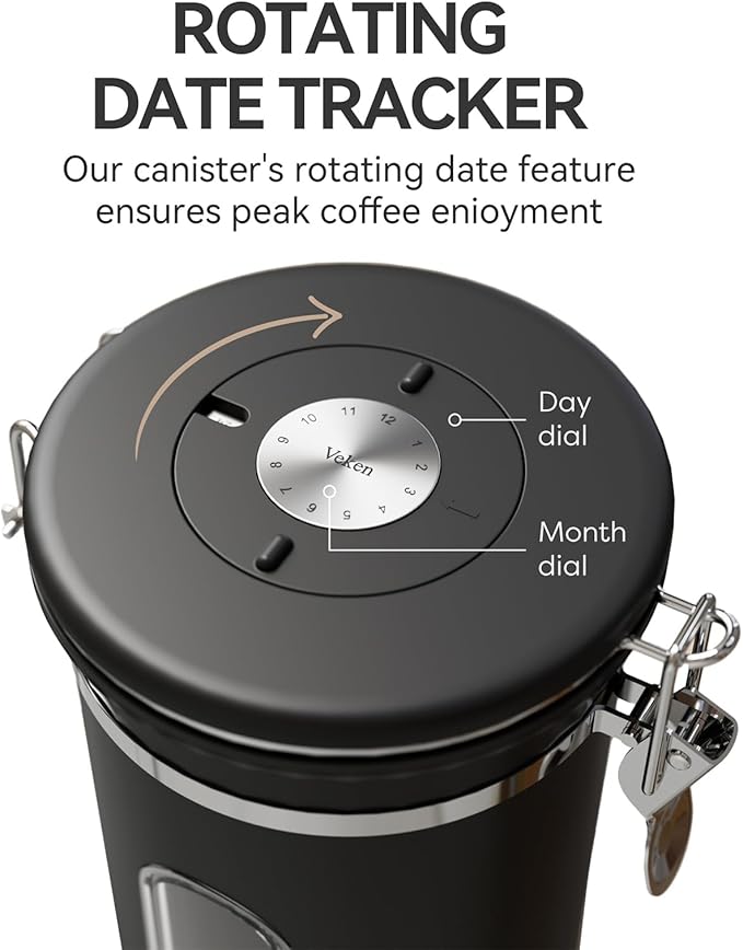 Veken Coffee Canister with Window,Airtight Stainless Steel Container,Home Kitchen Food Storage Organizers for Grounds,Beans,Espresso,Rice,Tea,Sugar,Flour, Cereal,Scoop,Bar Accessories,Gifts,22OZ,Black-Ruum Studio Home