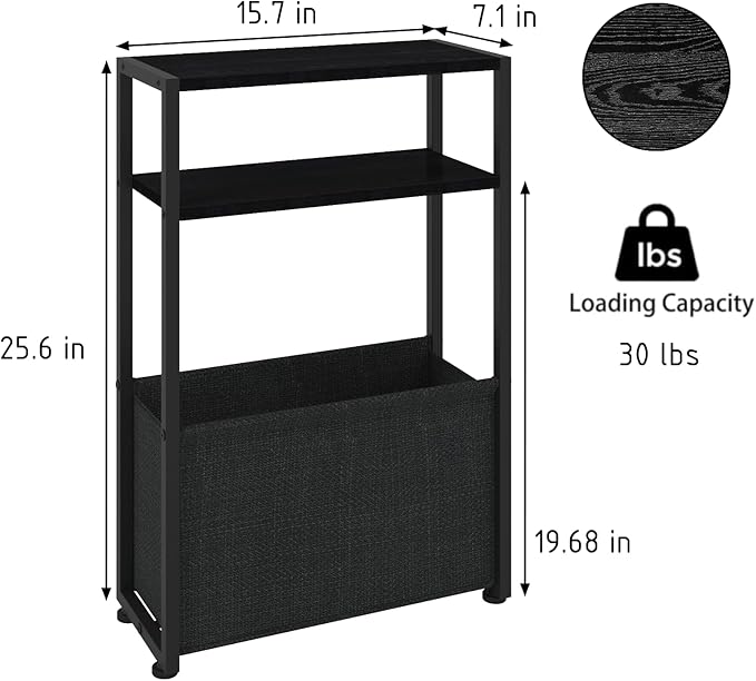 Narrow Side Table, Slim End Tables with Fabric Basket, Skinny Table for Small Spaces, Thin Bedside Table for Living Room, Bedroom (1, Ebony Black + Slate Gray)-Ruum Studio Home