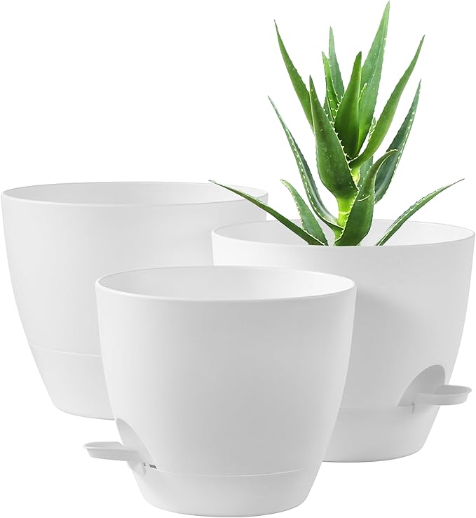 FaithLand 3-Pack Planter Pots, 10 9 8 Inch Self Watering Flower Pots for Indoor Outdoor Garden Plants, White-Ruum Studio Home