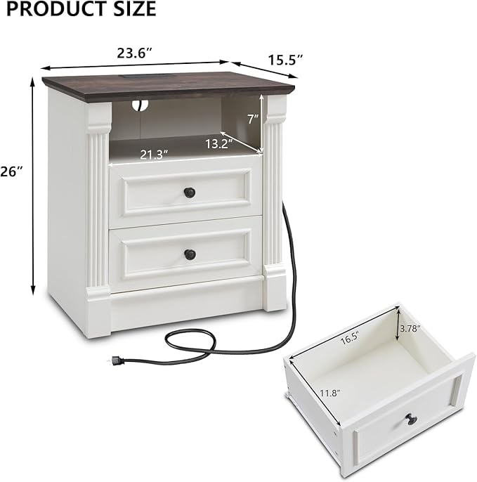 26" Tall Farmhouse Nightstand, 2 Drawers End Table w/Charging Station, 23.6" Wide Large Side Table w/Roman Column, Wood Rustic Sofa Table w/Open Shelf, Bedside Table for Bedroom, White-Ruum Studio Home