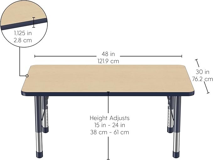 FDP Rectangle Activity School and Classroom Kids Table (30 x 48 inch), Chunky Toddler Legs, Adjustable Height 15-24 inches - Maple Top and Navy Edge-Ruum Studio Home
