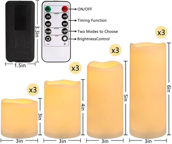 Flameless Battery Operated Outdoor Waterproof Set of 12(D: 3" x H: 3" 4" 5" 6") Pillar LED Candles with 10-Key Remote and Cycling 24 Hours Timer-Ruum Studio Home