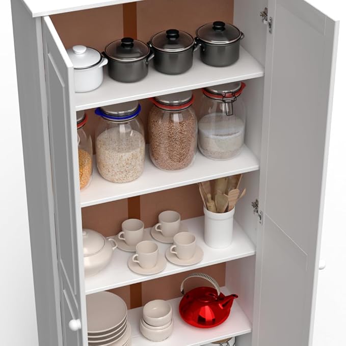 Pantry Cabinet Storage Cabinet with 2 Doors Solid Wood - Adjustable Shelves for Kitchen, Dining Room, or Utility Room Organization-Ruum Studio Home