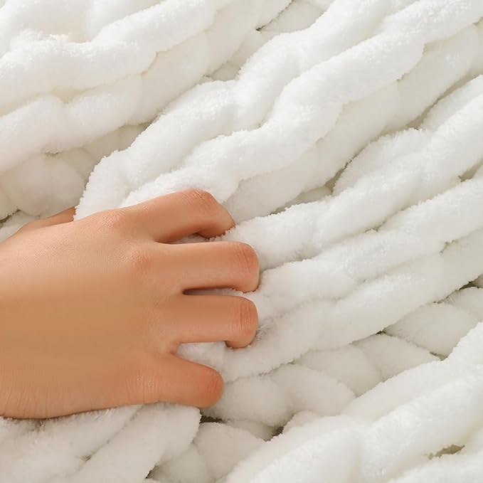 Esterra Chunky Knit Blanket Throw, 100% Handmade Chenille Throw Blanket 50"x60", Soft Thick Yarn Cable Knit Crochet Throw Blanket Rope Knot Throw for Couch Bed Sofa, Bright White-Ruum Studio Home