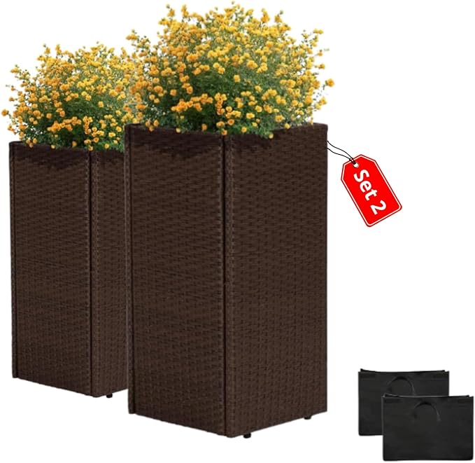 IDZO All-Weather Wicker Planters, Set of 2, 24 in Tall Wicker Planters, Self-Watering with Drainage, Durable PP Material, Raised Garden Bed Alternative, Indoor Outdoor Use, Modern Rattan Design-Ruum Studio Home
