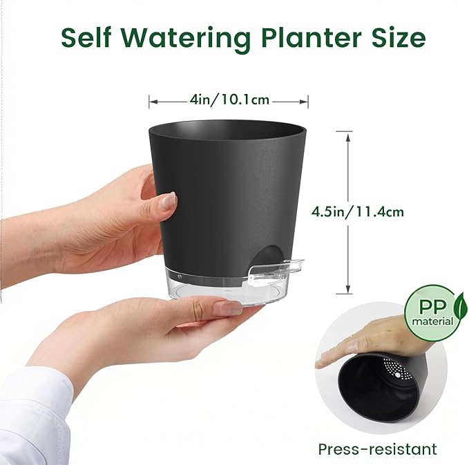 4 inch Self Watering Pots for Indoor Plants, 5 Pack Small Flower Plant Pots with Drainage Holes and Clear Reservoirs, Visible Water Level, Plastic Planters with Wicking Rope, Black-Ruum Studio Home