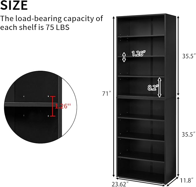 71 Inch Tall 8-Shelf Bookcase, Wood Bookshelf Storage Organizer Adjustable Shelf for Home Office Living Room, Converts into Two 4-Shelf Bookshelves, Black-Ruum Studio Home
