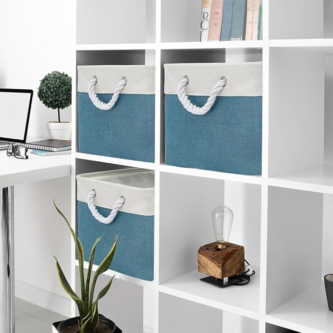 Storage Basket for Organizing - 17X15X12 inch 2 Pack Canvas Storage Bin for Shelves, Fabric Storage Cubes for Cloth Decorative Books Nursery (White & Green)-Ruum Studio Home