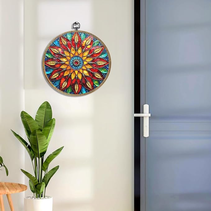 Colorful Geometric Mandala Framed Round Wall Decor Canvas Wall Art Hanging Prints Artwork for Home Office Kitchen Nursery Bedroom Living Room Porch Garden Birthday Decorations 10.2X10.2 Inch-Ruum Studio Home