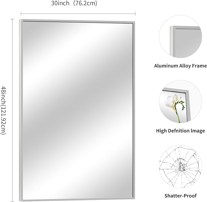 Silver Bathroom Mirror for Wall, 30x48 Inch Rectangle Mirrors with Metal Frame, Modern Vanity Wall Mirror Decor for Bathroom Living Room, Entryway Hangs Horizontal or Vertical-Ruum Studio Home