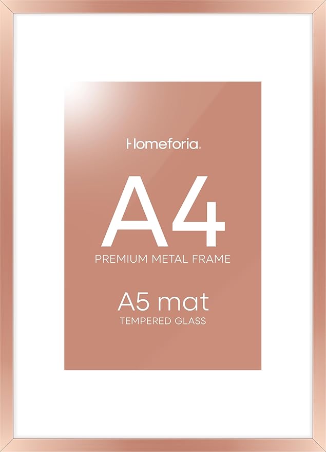 Homeforia A4 Picture Frame Rose Gold, High End Metal 8.3 x 11.7 inch Poster Frames with Mat 5.8 by 8.3 Art, A4 Size Frames Matted to A5 Photo, 8.3x11.7 Wall or Tabletop Frame, Tempered Glass, Set of 1-Ruum Studio Home