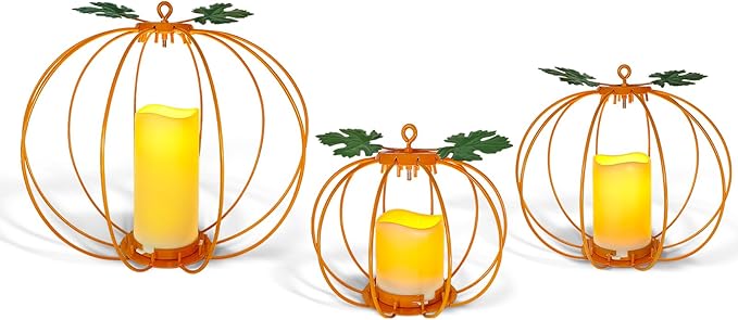 Halloween Metal Pumpkin Candle Holder, 3 Pcs Light up Orange Pumpkin Lantern with LED Flickering Yellow Candle Lights Build in Timer for Thanksgiving Halloween Harvest Fall Home Decor-Ruum Studio Home
