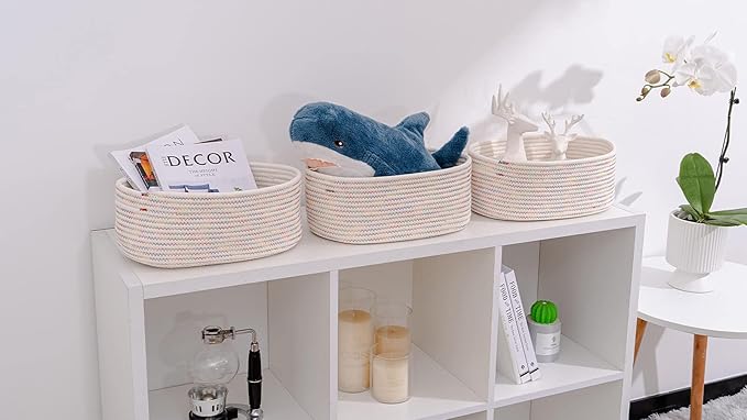 Baskets&Bins for Shelf Storage &Organizing/Cute Basket to Store and Organize Daily Items/Woven Rope Basket for Living Room, Bedroom,Playroom/Small Oval-13x8.66x5.11’’,3 Packs Rainbow-Ruum Studio Home
