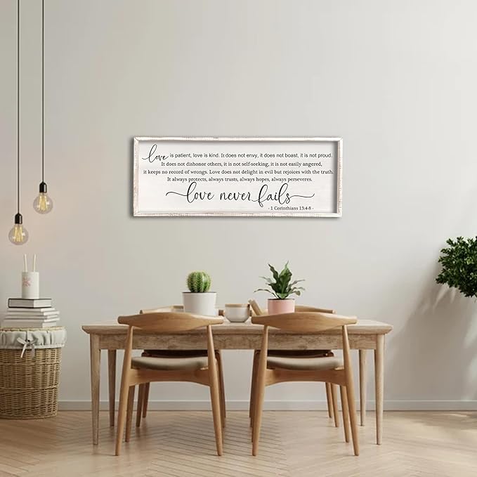 flowtorely Love is Patient, Kind Wall Art Decor 40"X15" Love Never Fails Sign 1 Corinthians 13 Bedroom Above Bed Large Bible Verse Quote Scripture Christianity Hanging Sign (White)-Ruum Studio Home