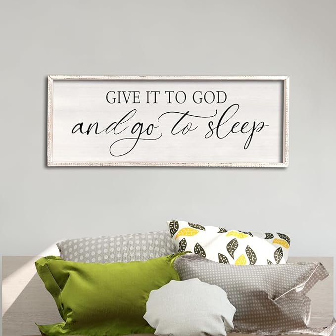 comurdyo Give It To God And Go to Sleep Sign 40''×15'' Master Bedroom Above Bed Wall Decor Wood Framed Couple Large Farmhouse Guest Room Rustic Simple Over Bedside Wall Art Hanging Decor (White)-Ruum Studio Home