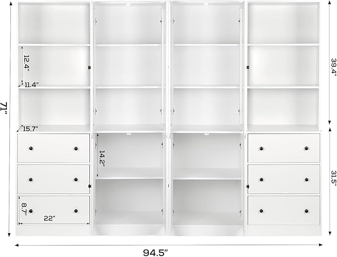 TUSY 71" Bookshelf Bookcase, 3-Tier Modern Bookshelves 3 Large Drawer, Wood Filing Cabinet with Open Storage Shelf, Glass Doors 5-Tier Fixed Storage Shelves for Home Office (Wood)-Ruum Studio Home