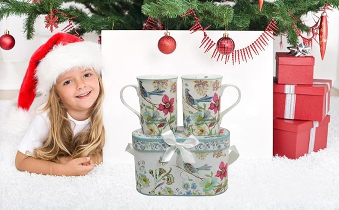 Lightahead Elegant Bone China Two Coffee Mugs set in Blue bird design 11.2 oz each cup in attractive gift box-Ruum Studio Home