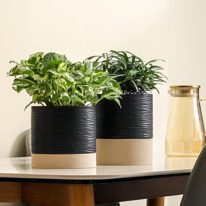 Nihow Ceramic Plant Pot: 6 Inch Planter with Drainage Hole & Saucer for Indoor & Outdoor Plants - Cylinder Round Flower Pot for Succulent/Herbs/Violets - Black & Brown-Ruum Studio Home