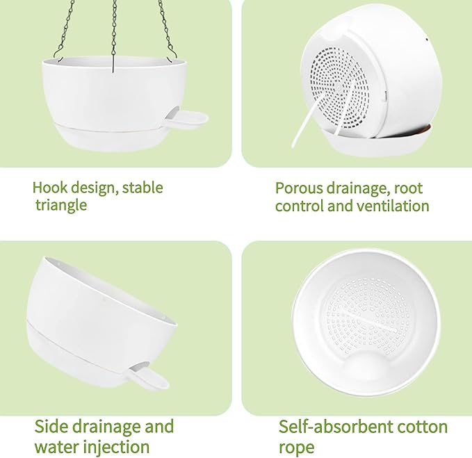 2 Pack Hanging Planters for Indoor Outdoor Plants, 8 Inch Self Watering Hanging Pot with Drainage Holes and Saucer, Plastic Plant Pots, White Flower Pots for Kitchen, Balcony, Garden-Ruum Studio Home