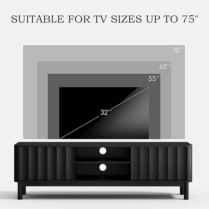 Black Mid Century Modern TV Stand, Wood Fluted Living Room TV Stands with Storage Sliding Doors, Desert-Inspired Design MCM Entertainment Center for 55 60 65 70 75 55+ 60+ 65+ 70+ Inch-Ruum Studio Home