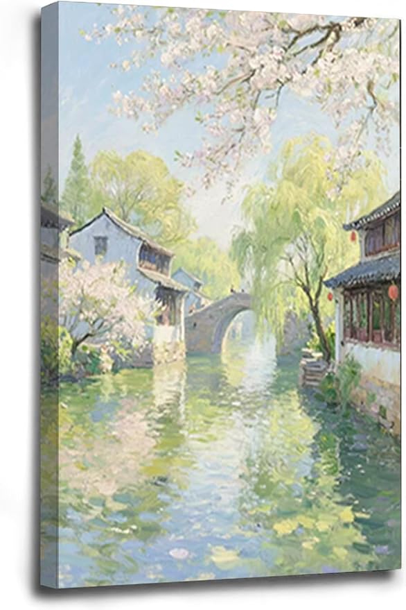 Small bridge stream house Jiangnan style landscape poster suitable for living room bedroom office natural oil painting poster-Ruum Studio Home