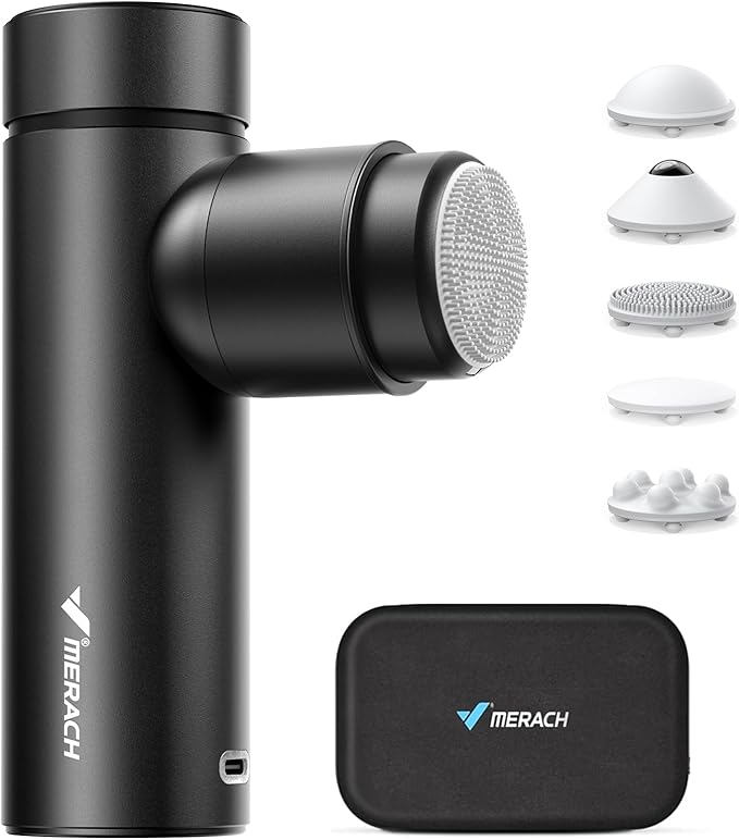 MERACH Mini Massage Gun with 8mm Amplitude, Percussion Massage Tools with 5 Massage Heads, Portable Hand Held Muscle Massagers for Pain Relief Deep Tissue, Cool Gifts for Mens and Women (Black)-Ruum Studio Home